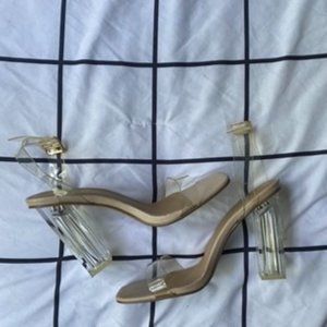 Nude clear block ankle-strap heels